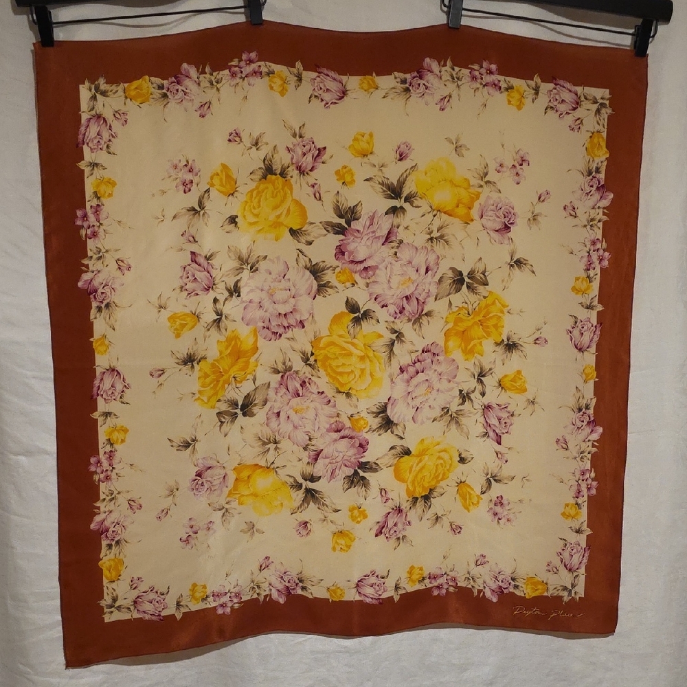 Vintage Peyton Place Floral Silk Scarf in Rust, Cream & Yellow